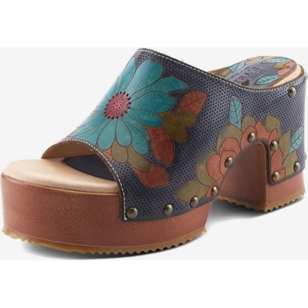 L'Artiste by Spring Step Teeshirt 6.5/7 Platform Leather Sandals Floral Laser